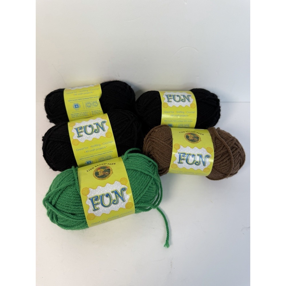 Lot 5 Skeins FUN Lion‎ Brand Yarn 100% Acrylic 1.75 oz each Green Brown Black